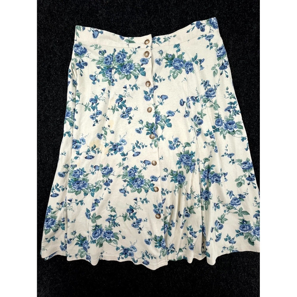 Vintage Jennifer Collins Midi Skirt Womens 1X Cream Blue Floral Button Front